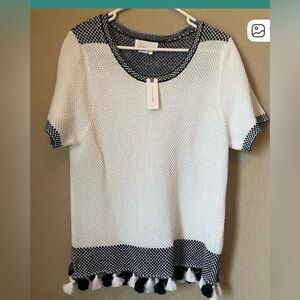 Anthropologie XL Black and White Tasseled Top NWT